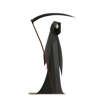 Grim Reaper Illustration with Scythe Isolated on White Background, Flat Style Halloween Death Character for Spooky Party Design and Horror Graphics