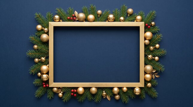 Empty rectangular wooden picture frame decorated with golden christmas ornaments and pine branches on blue background