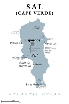 Sal, an island of Cape Verde (Cabo Verde), gray political map, with capital and largest settlement Espargos. Sandy island in the Atlantic, mainly known for its white sand beaches and turtles. Vector