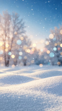 Winter nature background with soft snow drifts and colorful glowing bokeh lights in frosty forest.