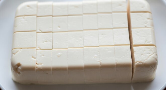 Fresh White Tofu Block Sliced on a Plate