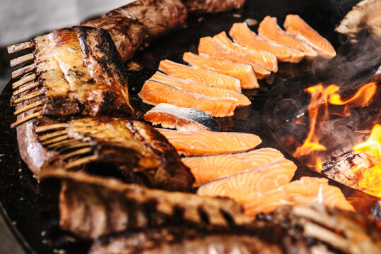 Whole Fish and Meat Grilling on Open Fire