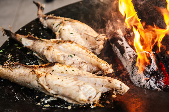 Whole Fish and Meat Grilling on Open Fire