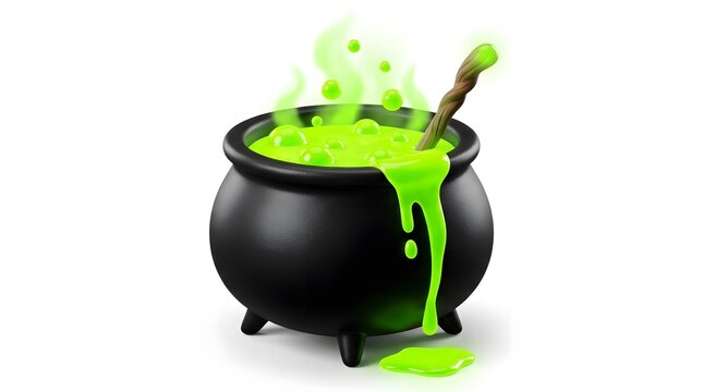 Cauldron 3D rendering with glowing green magic potion and wooden spoon isolated on white background