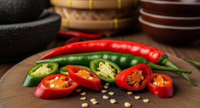 Fresh Red and Green Chili Peppers on a Wooden Cutting Board
