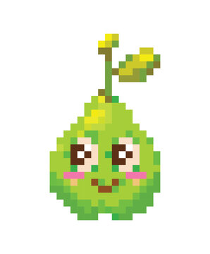 Cute kawaii green pear character in 8 bit pixel art style