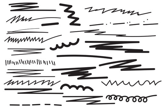 Collection of black scribble lines and brush strokes on a white background for artistic design and creative projects.