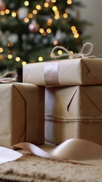 Vertical video: Pulling back frame revealing kraft gifts, twine bow at mantel showing tree lights