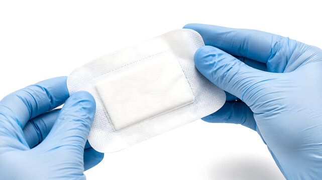 Gloved hands holding sterile medical dressing isolated on white background for wound care treatment