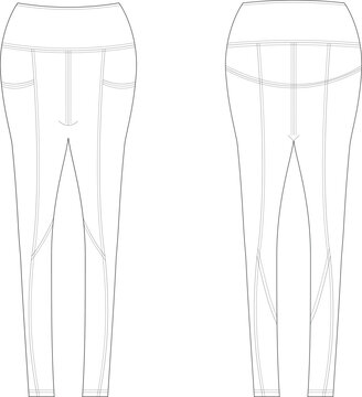  Technical fashion flat sketch of high-waisted womens leggings with pockets paneled activewear tights template front and back view