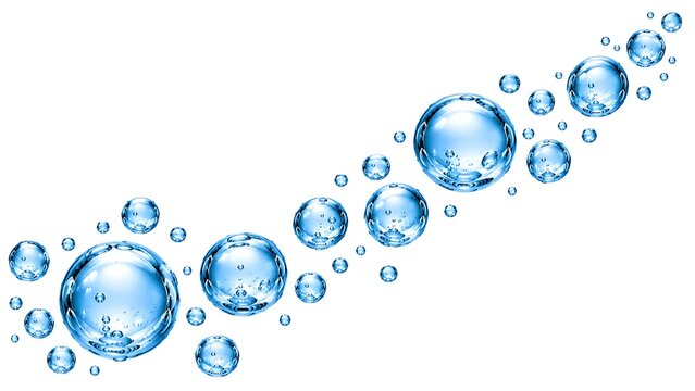Flowing wave of diverse blue water bubbles and spheres creating dynamic abstract liquid background for designs.