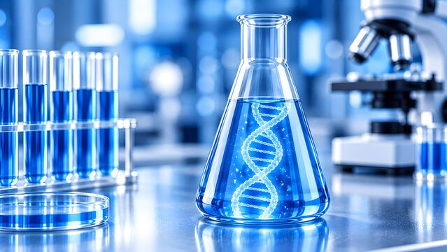 Erlenmeyer flask containing a glowing DNA double helix structure in blue liquid on a laboratory table with a microscope in the background