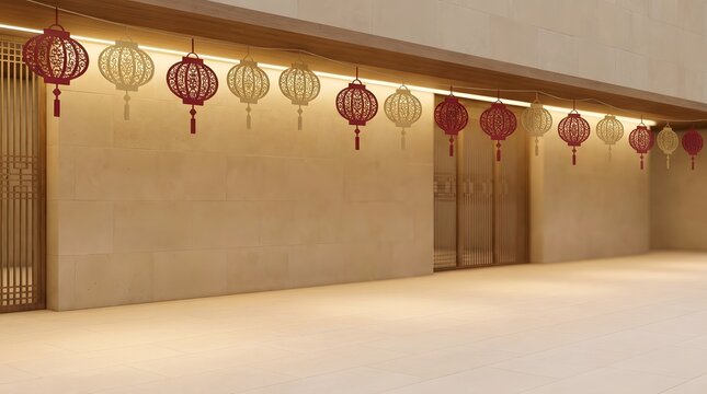 Traditional red and gold Chinese lanterns hanging on a modern wall