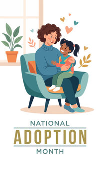 November is national adoption day vector illustration with diverse family inside heart symbol and landscape background for social awareness campaign and event banner
