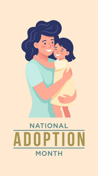 National adoption month banner design featuring an interracial family inside a heart shape with children and parents standing together in a landscape illustration for social awareness