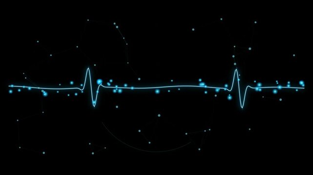 Abstract blue digital heartbeat waveform pulsing with tiny light particles on black background