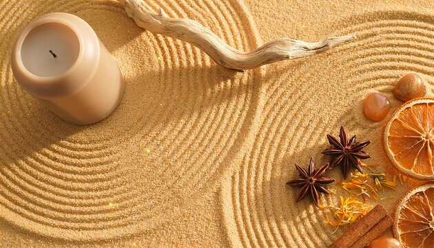 Aroma candle with spices and dried orange slices on raked zen sand