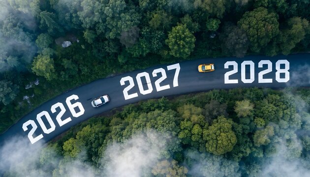 High-angle aerial drone view of a winding asphalt road cutting through a dense, lush green forest with morning mist in the distance. The years "2026", "2027", and "2028" are painted on the road surfac