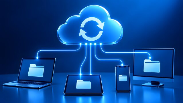 Glowing cloud computing symbol connecting multiple devices representing wireless data synchronization file sharing and digital network storage technology