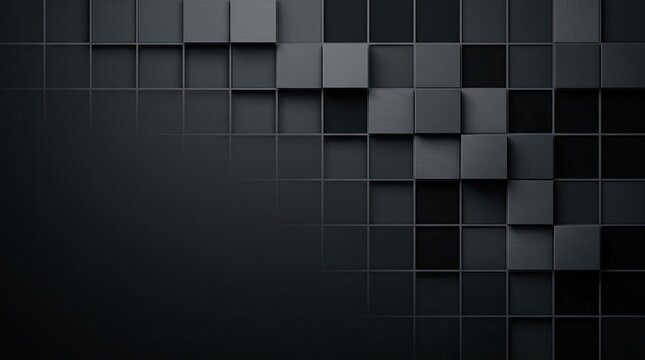 A dark, abstract background composed of grayscale, overlapping cubes. The cubes create a textured, geometric pattern with subtle variations in shade.