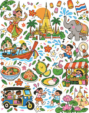 Thailand travel and Songkran festival illustration set, Thai culture elements clipart