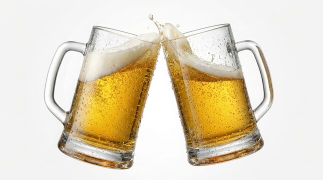 Food and Drink - Two beer mugs toasting and splashing on white background