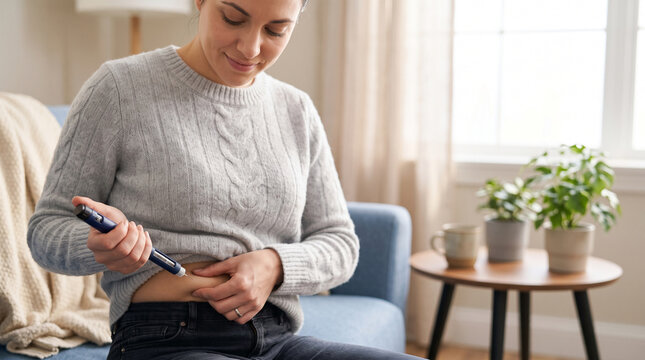 Woman administers insulin injection with pen, symbolizing diabetes management and personal healthcare in a home setting, representing self-care and medical treatment