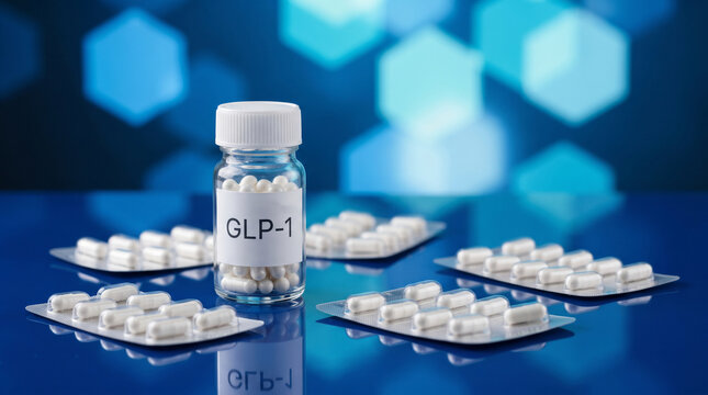 Medical capsules in blister packs and a glass bottle labeled GLP-1 on a reflective blue surface, representing pharmaceutical treatment and healthcare solutions