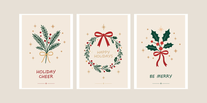 Three elegant Christmas greeting cards with evergreen branches, wreath and holly with red berries and bows, flat design illustrations with festive text, holiday greeting set for seasonal celebrations