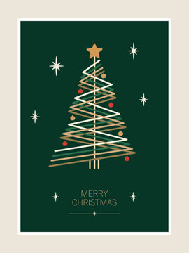 Minimalist Christmas card with geometric zigzag tree design, gold star on top, red and gold ornaments, white stars on dark green background, modern flat illustration with merry Christmas text