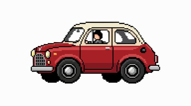 Red vintage pixel art car profile view isolated on white background pixel art city skyline icon style illustration for classic vehicle games