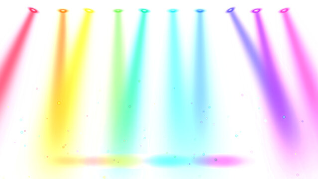 Vibrant rainbow neon spotlights with glowing stage beams and floating particles on transparent background for concert, party, event, streaming overlay and entertainment graphics
