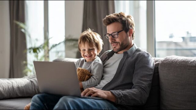 Happy father with his little boy sitting on the sofa and using a laptop computer at home