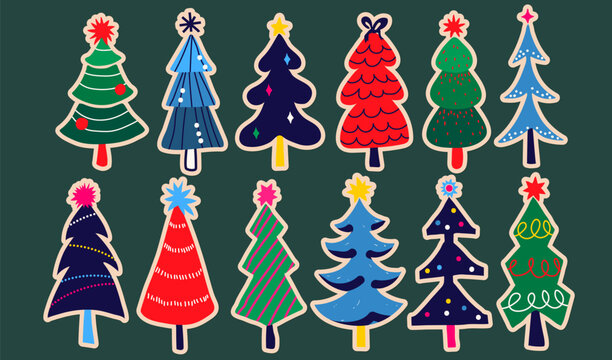 Christmas tree retro sticker vector set with vintage stylized pine and fir trees. Collection of festive holiday icons with white borders on dark background for seasonal designs