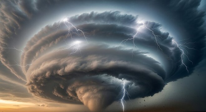 Massive Supercell Storm with Lightning Bolts and Rotating Clouds