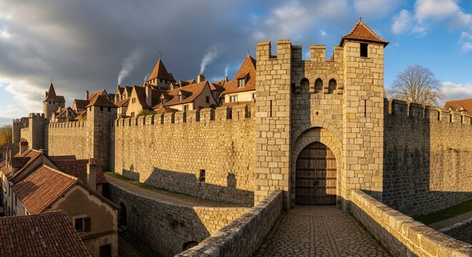 Medieval Fortress City of Carcassonne Stone Walls and Turrets at Sunset