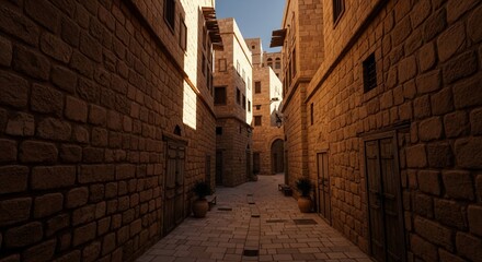 Obraz premium Narrow Ancient Stone Alleyway in Historic Middle Eastern Town