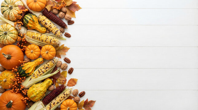 Harvest arrangement of pumpkins, gourds, corn, nuts, and leaves on white wood, representing autumn bounty and Thanksgiving