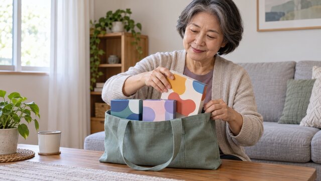 A woman gathers three chosen puzzle boxes in a reusable tote at her living room table while preparing a modest donation for a neighbourhood centre