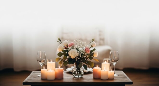 A rustic wooden table displays a romantic floral arrangement with candles. Two wine glasses and additional candles are arranged around the centerpiece.
