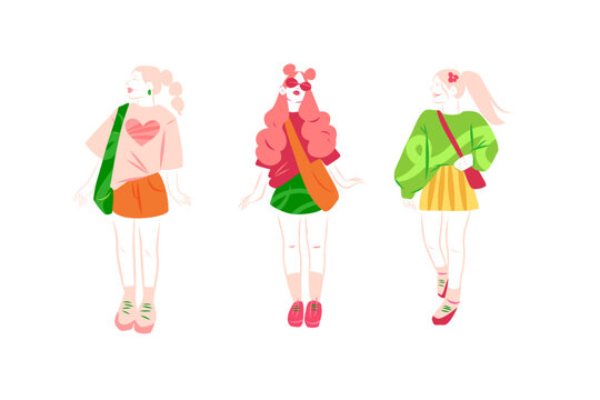 Gen Z Fashion Girls Set, Colorful Young Women in Trendy Casual Outfits with Crossbody Bags, Youth Lifestyle Vector Illustration