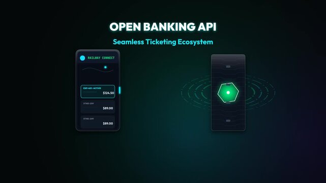 Conceptual animation of open banking API architecture showing seamless ticketing ecosystem with secure payload routing and direct payment authorization
