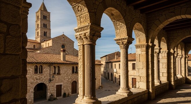 Stone Cloister and Medieval Church Tower in Tuscany