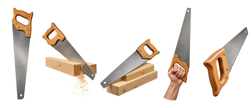 Set of hand saw with wooden handle cutting wood on transparent