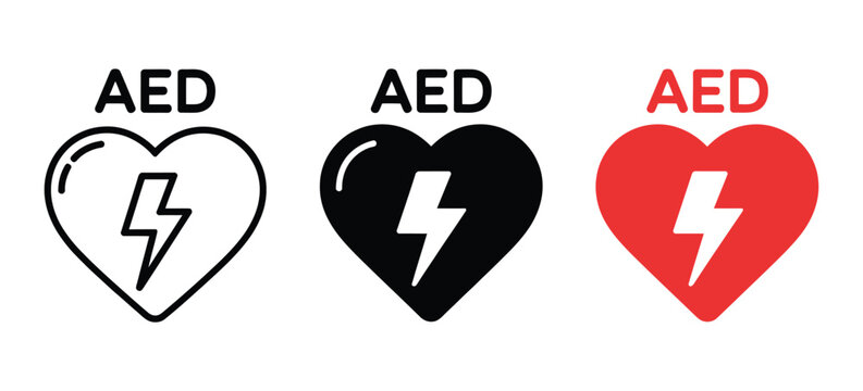 AED heart icon, lightning bolt symbol, defibrillator, cardiac resuscitation, emergency medical care, first aid, healthcare safety, medical emergency