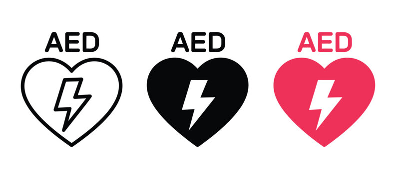 AED heart icon, lightning bolt symbol, defibrillator, cardiac resuscitation, emergency medical care, first aid, healthcare safety, medical emergency