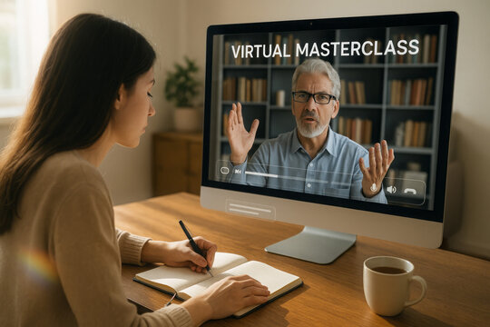 Woman attending online virtual masterclass taking notes while watching instructor on computer screen at home office