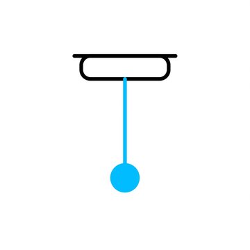 A minimalist blue pendulum hangs from a black horizontal line on a white background.