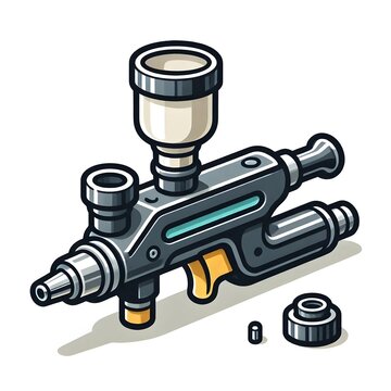 Airbrush gun compressor tool flat vector illustration precision painting art spray equipment isolated on white background