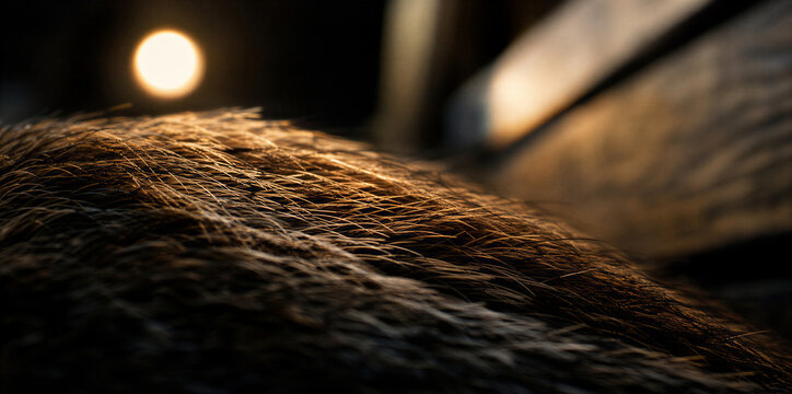 Macro close up of brown rat fur under warm light. Rodent coat texture in dark underground subway station